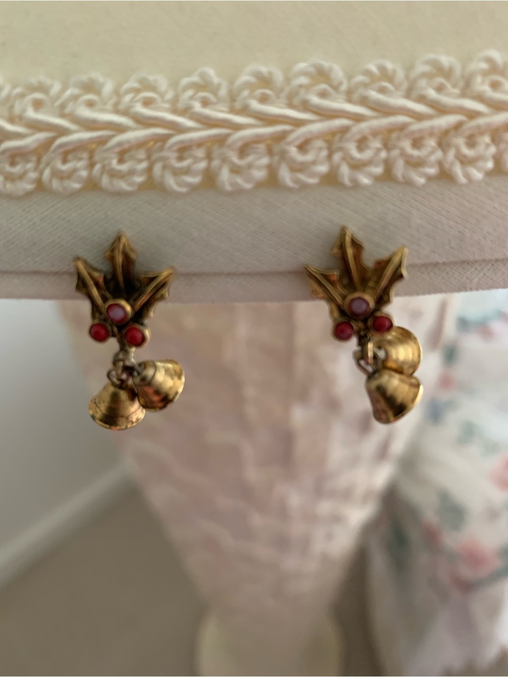Gold Holly Bell Drop Earrings with Red Accents